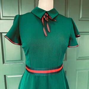 Abby | Emerald Green Fit & Flare Dress | Size 42 M/L | Preppy Mod Style w/Ribbon